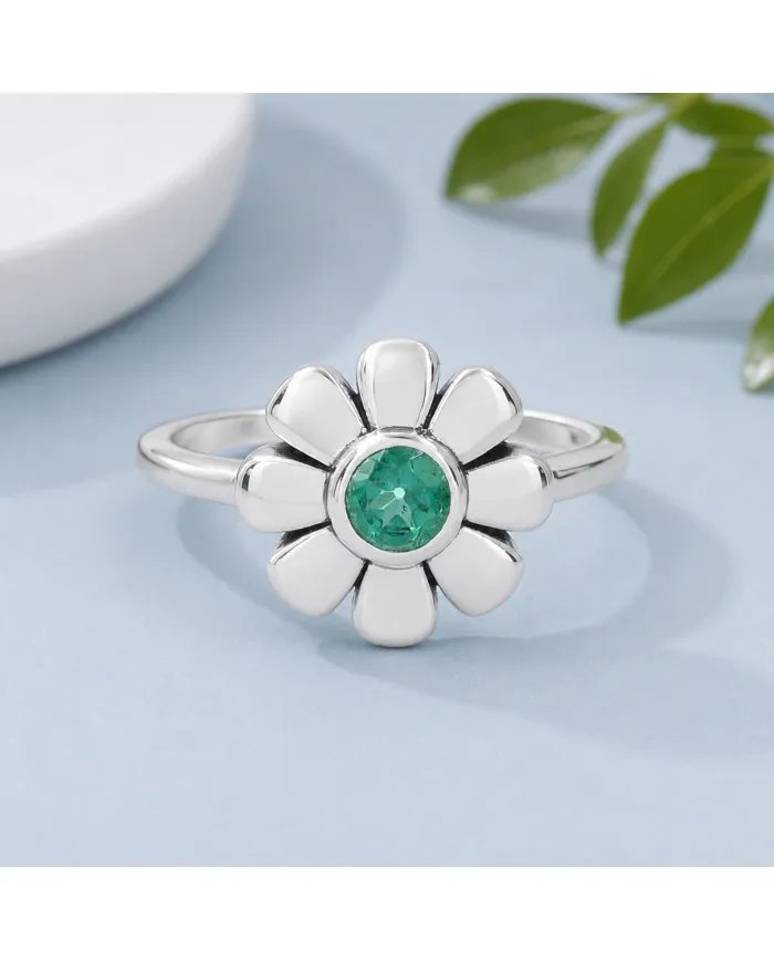Emerald Solitaire Flower Ring 925 Sterling Silver Handmade Gift