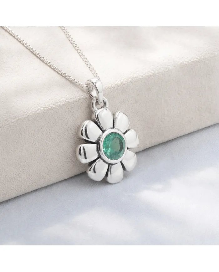 Women's Emerald Flower Pendant in 925 Sterling Silver
