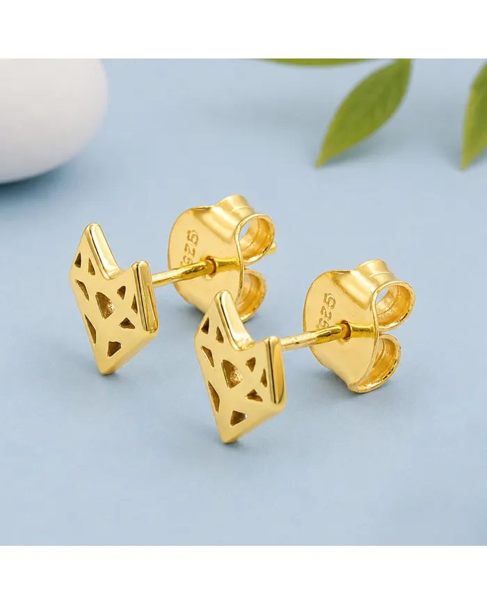 Geometric Minimalist Heart Stud Earrings with Gold Finish in 925 Silver