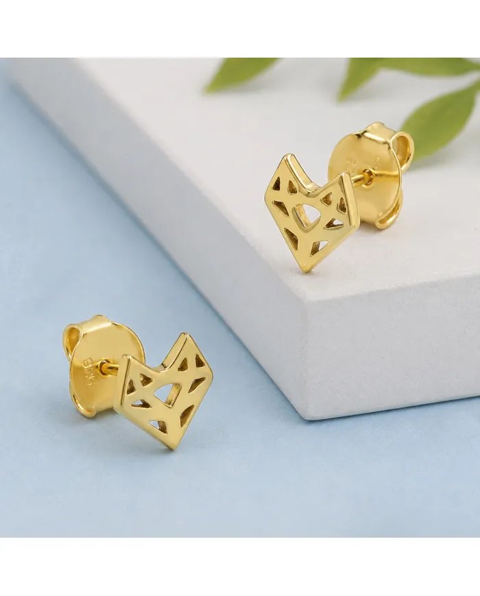 Geometric Minimalist Heart Stud Earrings with Gold Finish in 925 Silver