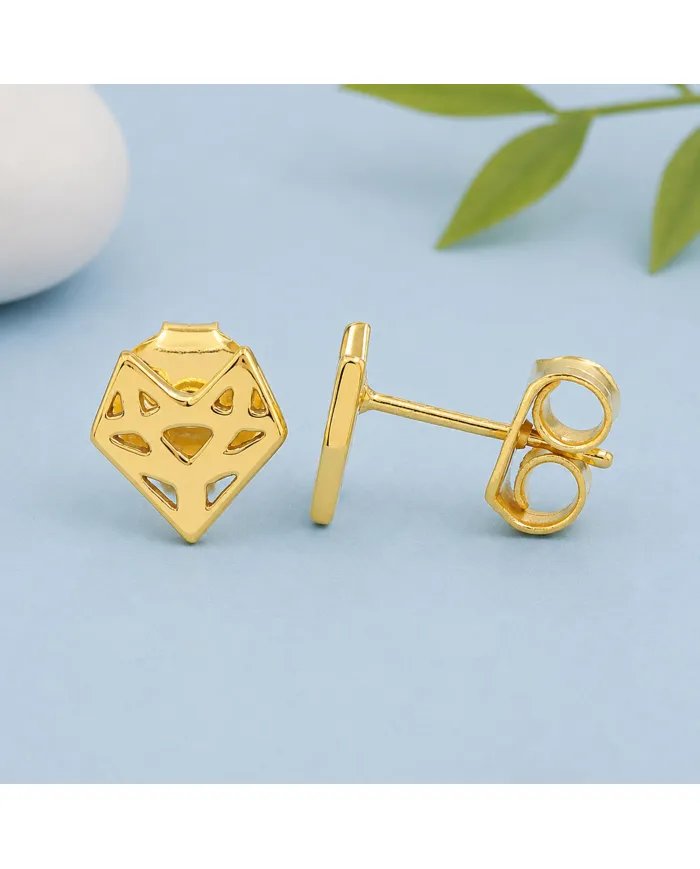 Geometric Minimalist Heart Stud Earrings with Gold Finish in 925 Silver
