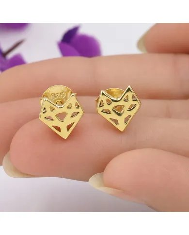 Geometric Minimalist Heart Stud Earrings with Gold Finish in 925 Silver