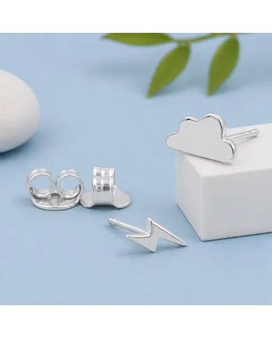Minimalist Cloud & Lightning Stud Earrings – 925 Sterling Silver