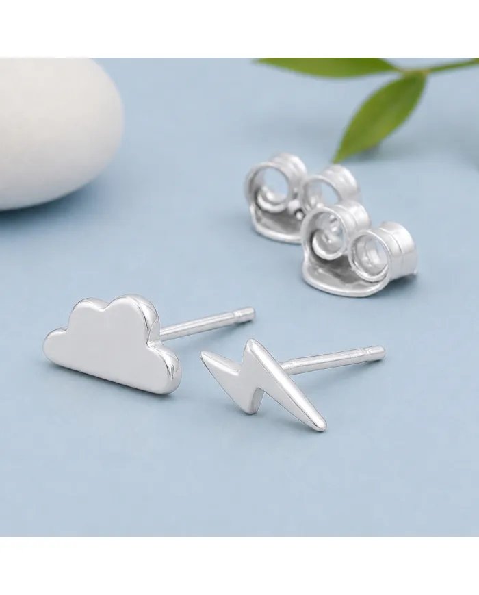Minimalist Cloud & Lightning Stud Earrings – 925 Sterling Silver