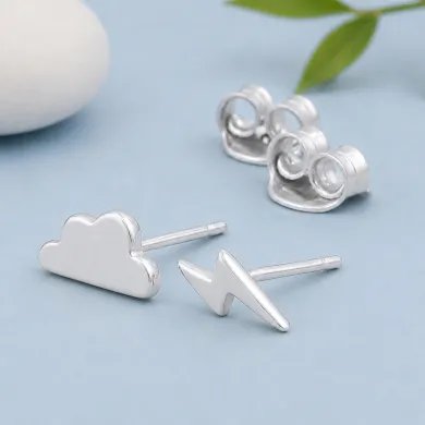 Minimalist Cloud & Lightning Stud Earrings – 925 Sterling Silver