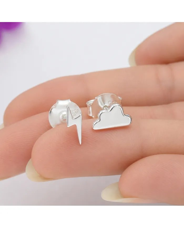 Minimalist Cloud & Lightning Stud Earrings – 925 Sterling Silver