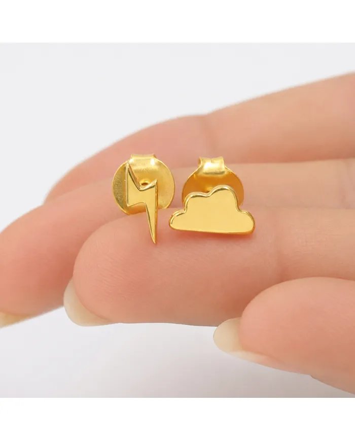 Minimalist Gold Plated Cloud & Lightning Stud Earrings in Silver