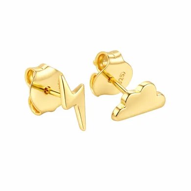 Minimalist Gold Plated Cloud & Lightning Stud Earrings in Silver