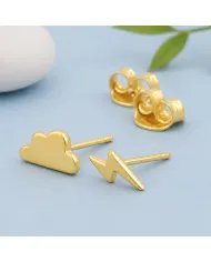 Minimalist Gold Plated Cloud & Lightning Stud Earrings in Silver