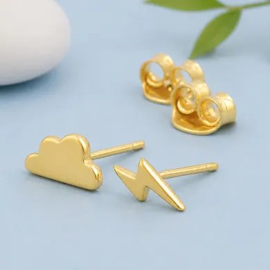 Minimalist Gold Plated Cloud & Lightning Stud Earrings in Silver