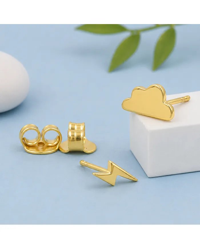 Minimalist Gold Plated Cloud & Lightning Stud Earrings in Silver