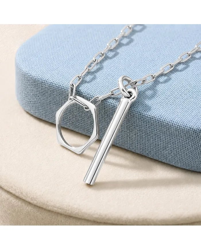 Bar & Ring Pendant - 925 Sterling Silver Handmade Gift for Her & Him