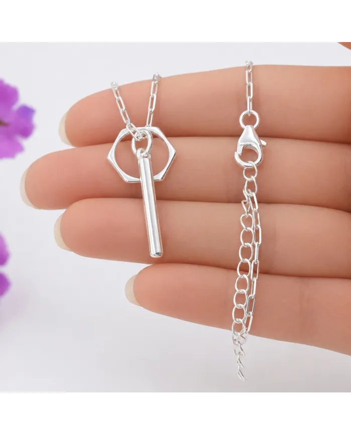 Bar & Ring Pendant - 925 Sterling Silver Handmade Gift for Her & Him
