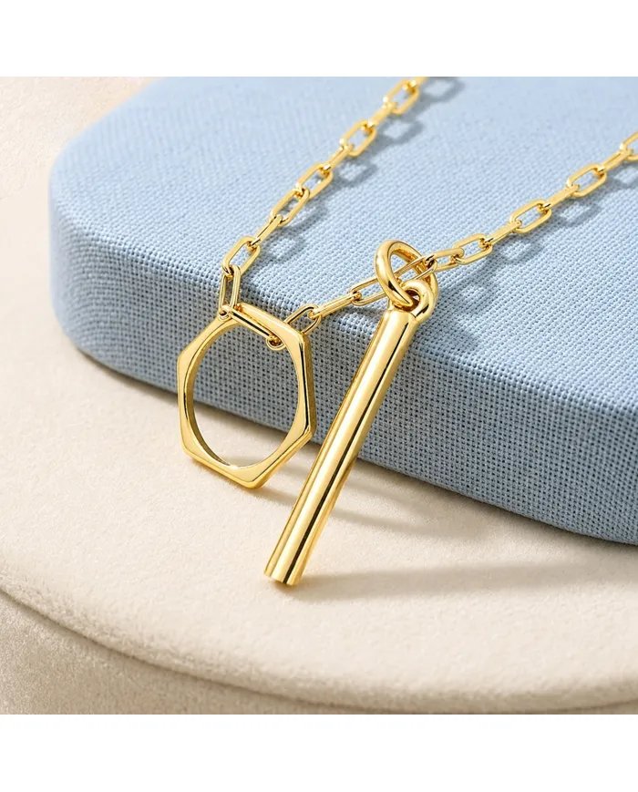 Bar & Ring Pendant - Gold Plated 925 Silver Handmade Gift for Her & Him