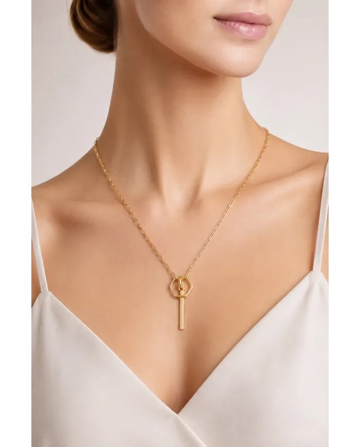 Bar & Ring Pendant - Gold Plated 925 Silver Handmade Gift for Her & Him