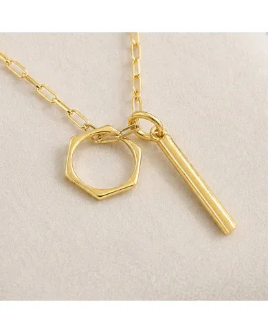Bar & Ring Pendant - Gold Plated 925 Silver Handmade Gift for Her & Him
