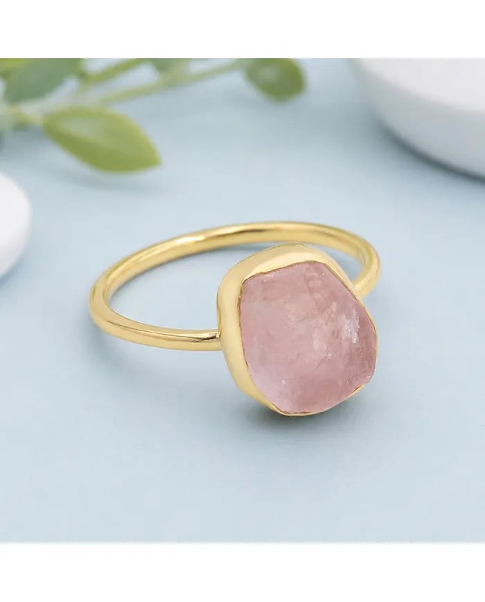 Natural Morganite Ring - Gold Plated 925 Silver Handmade Jewelry