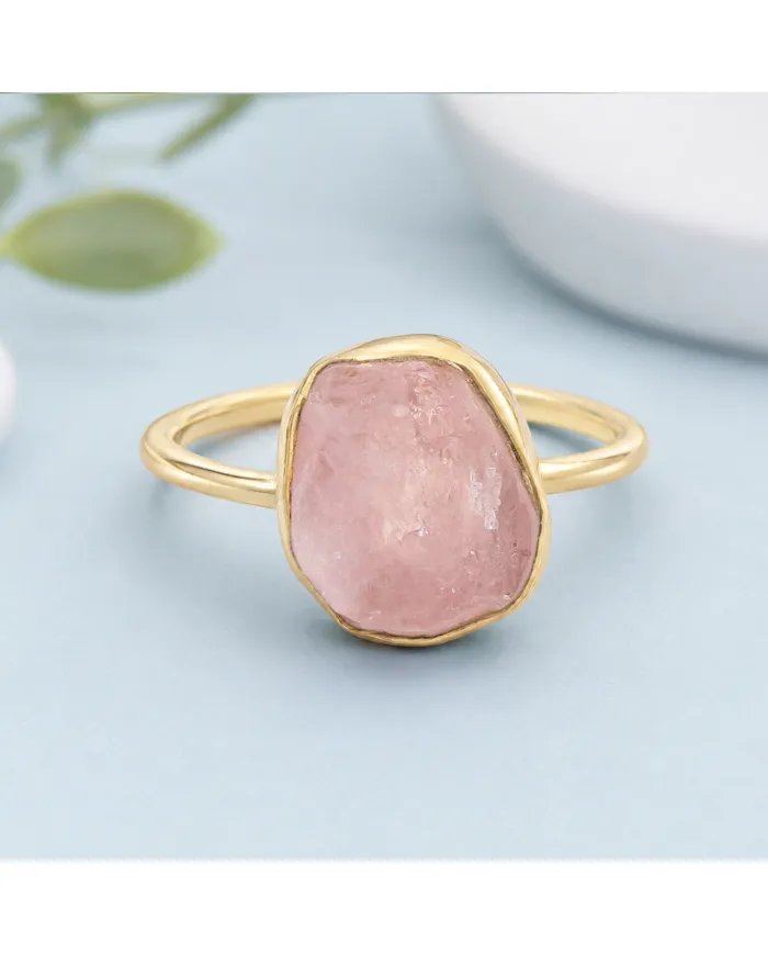 Natural Morganite Ring - Gold Plated 925 Silver Handmade Jewelry