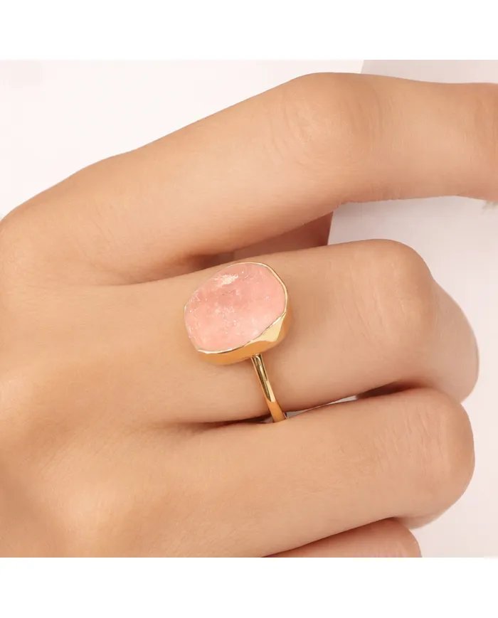 Natural Morganite Ring - Gold Plated 925 Silver Handmade Jewelry