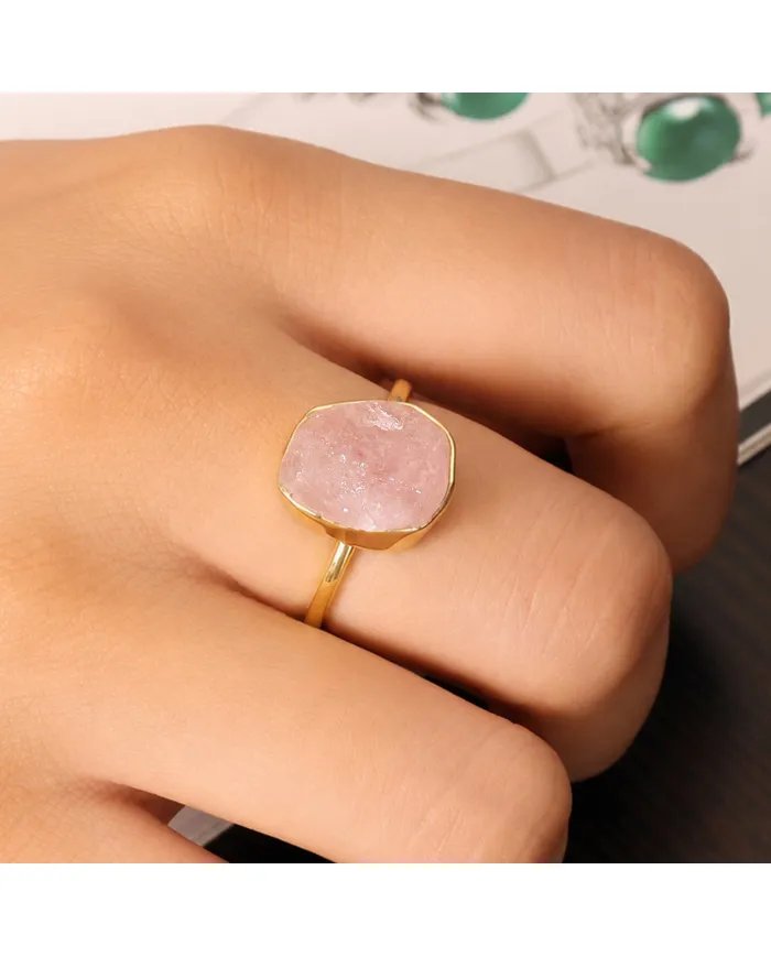 Natural Morganite Ring - Gold Plated 925 Silver Handmade Jewelry