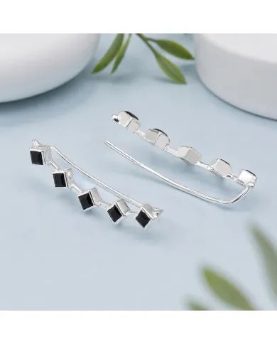Black Onyx Geometric Ear Cuff Ear Climber in 925 Sterling Silver