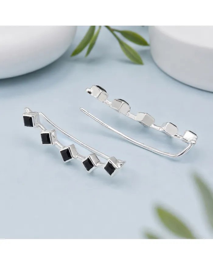 Black Onyx Geometric Ear Cuff Ear Climber in 925 Sterling Silver