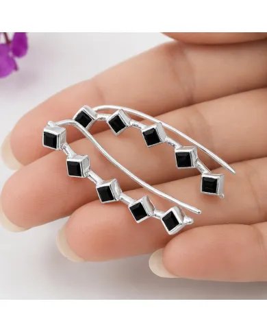 Black Onyx Geometric Ear Cuff Ear Climber in 925 Sterling Silver