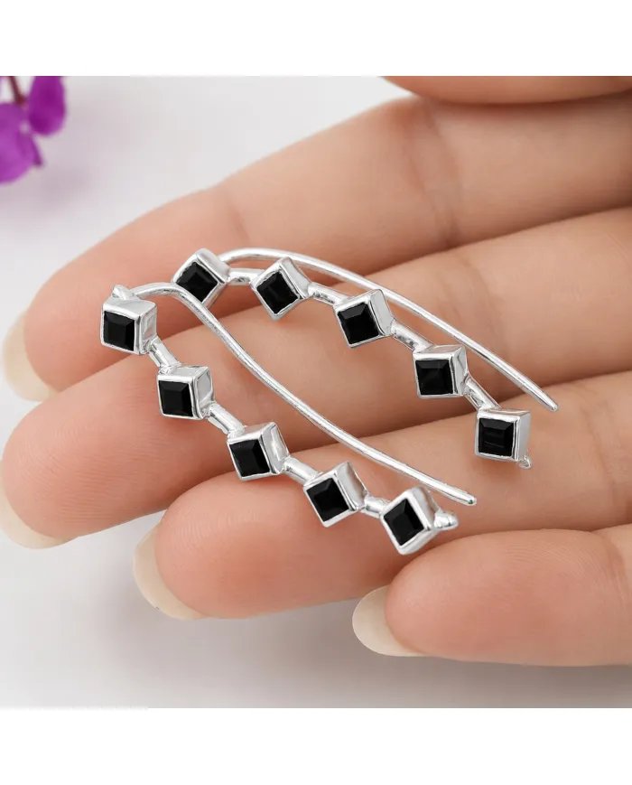 Black Onyx Geometric Ear Cuff Ear Climber in 925 Sterling Silver