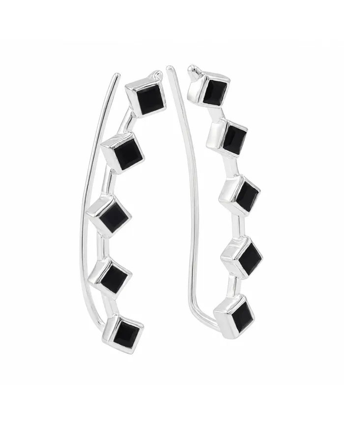 Black Onyx Geometric Ear Cuff Ear Climber in 925 Sterling Silver
