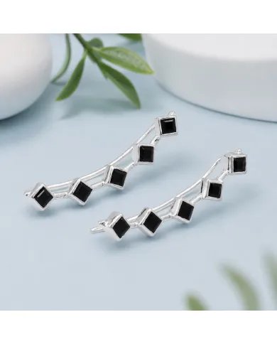 Black Onyx Geometric Ear Cuff Ear Climber in 925 Sterling Silver