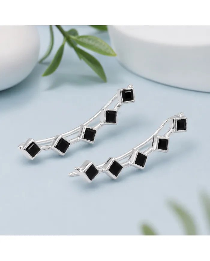 Black Onyx Geometric Ear Cuff Ear Climber in 925 Sterling Silver