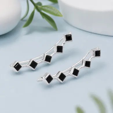 Black Onyx Geometric Ear Cuff Ear Climber in 925 Sterling Silver