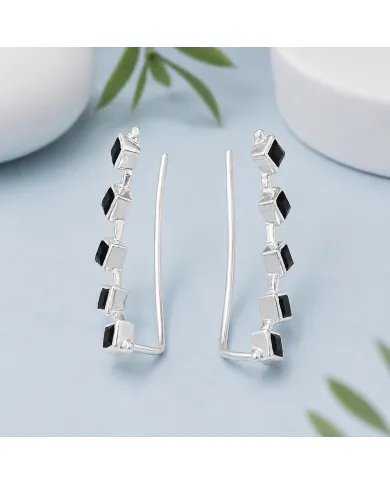 Black Onyx Geometric Ear Cuff Ear Climber in 925 Sterling Silver