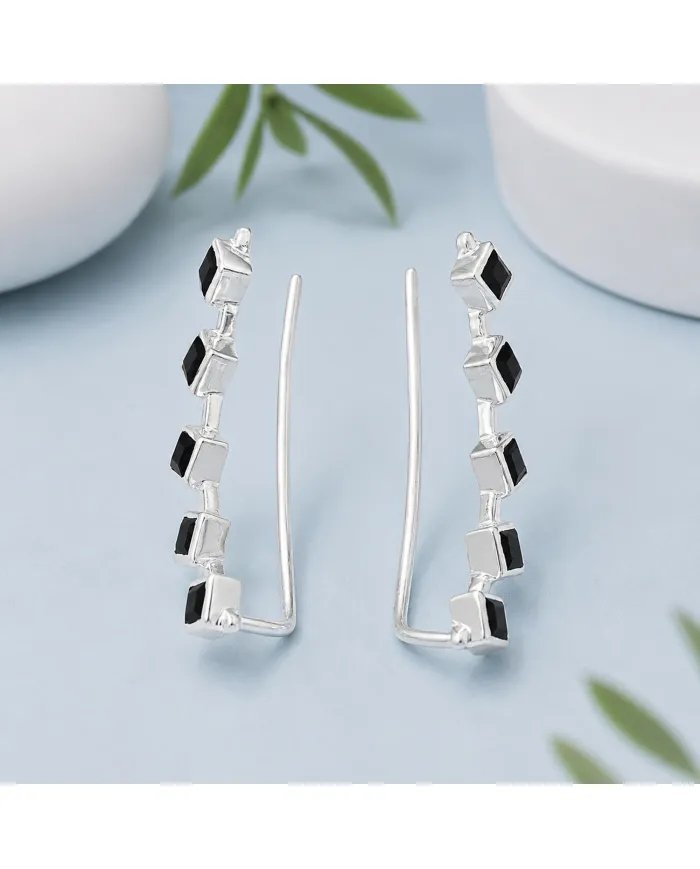 Black Onyx Geometric Ear Cuff Ear Climber in 925 Sterling Silver
