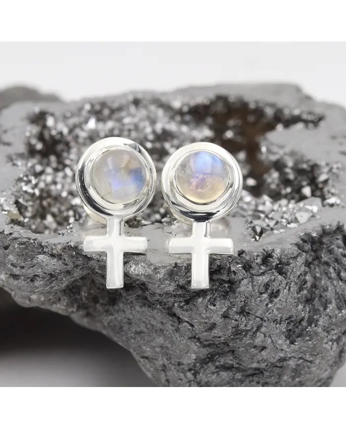 Moonstone Cross Stud Earrings – 925 Sterling Silver Handmade Jewelry