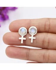 Moonstone Cross Stud Earrings – 925 Sterling Silver Handmade Jewelry