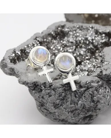 Moonstone Cross Stud Earrings – 925 Sterling Silver Handmade Jewelry