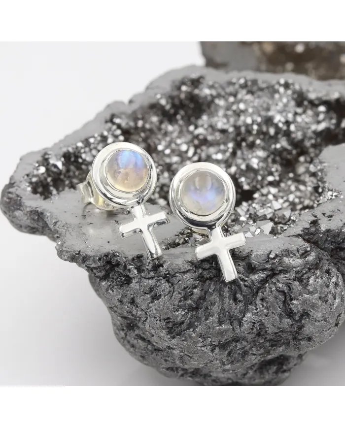 Moonstone Cross Stud Earrings – 925 Sterling Silver Handmade Jewelry
