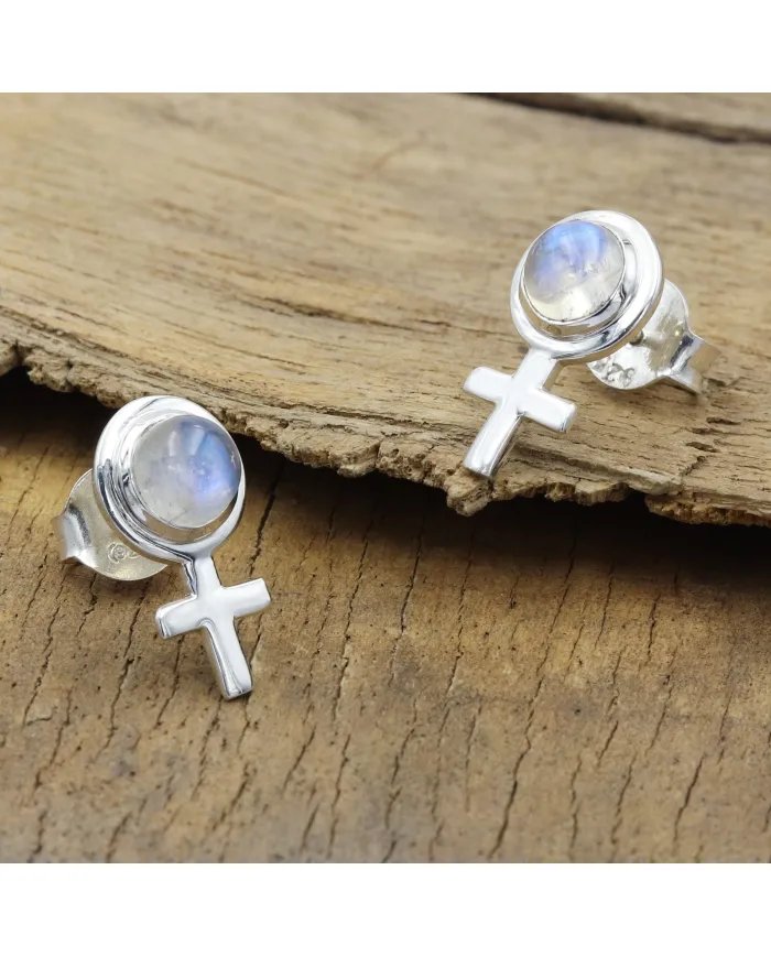 Moonstone Cross Stud Earrings – 925 Sterling Silver Handmade Jewelry