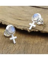 Moonstone Cross Stud Earrings – 925 Sterling Silver Handmade Jewelry