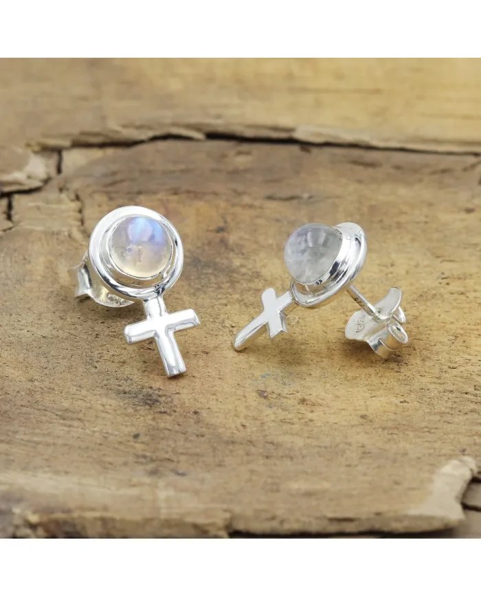 Moonstone Cross Stud Earrings – 925 Sterling Silver Handmade Jewelry