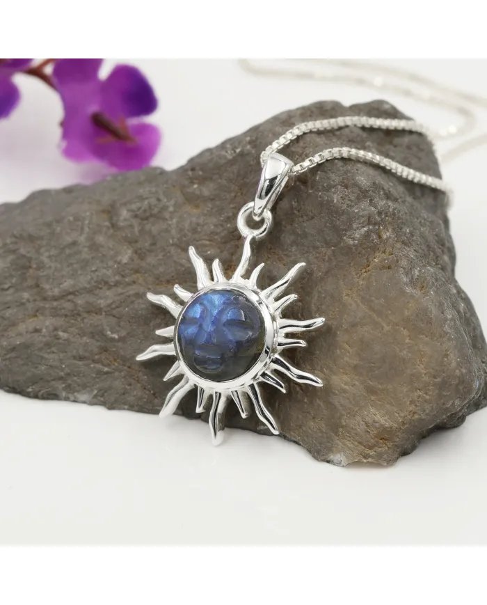 Face Carved Labradorite Pendant in 925 Sterling Silver Gemstone Jewelry