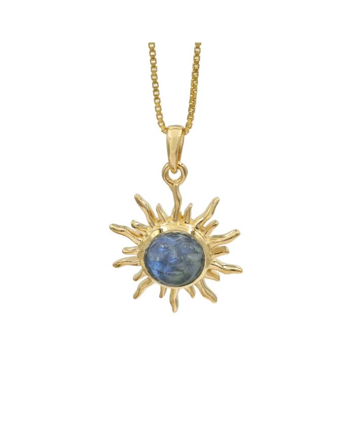 Unique Face Carved Labradorite Pendant in Gold Plated Sterling Silver