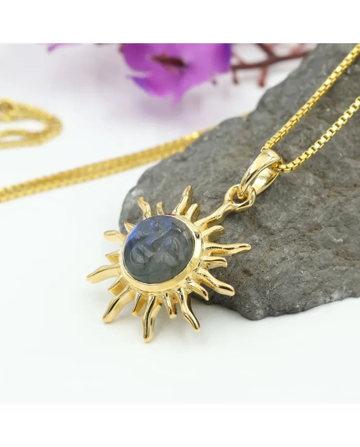 Unique Face Carved Labradorite Pendant in Gold Plated Sterling Silver