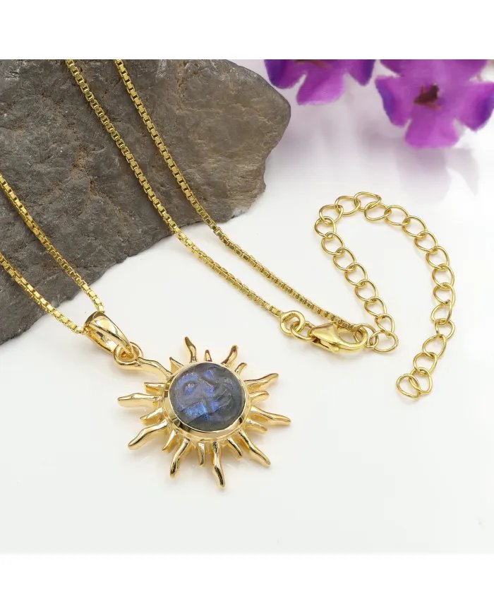 Unique Face Carved Labradorite Pendant in Gold Plated Sterling Silver