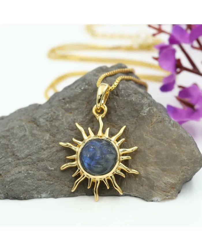 Unique Face Carved Labradorite Pendant in Gold Plated Sterling Silver