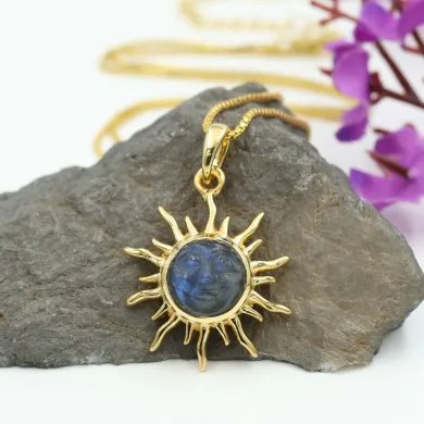 Unique Face Carved Labradorite Pendant in Gold Plated Sterling Silver