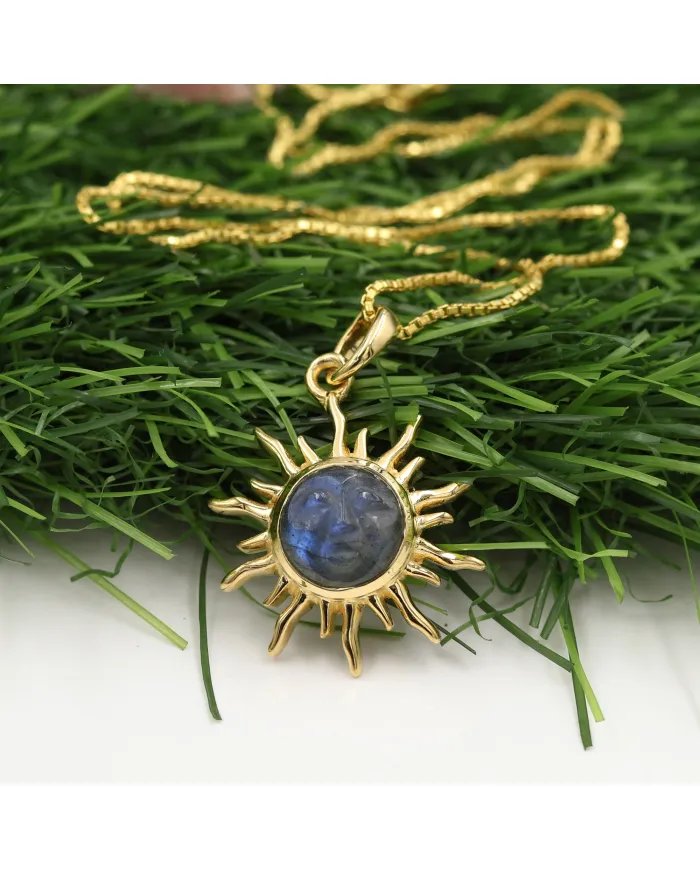 Unique Face Carved Labradorite Pendant in Gold Plated Sterling Silver
