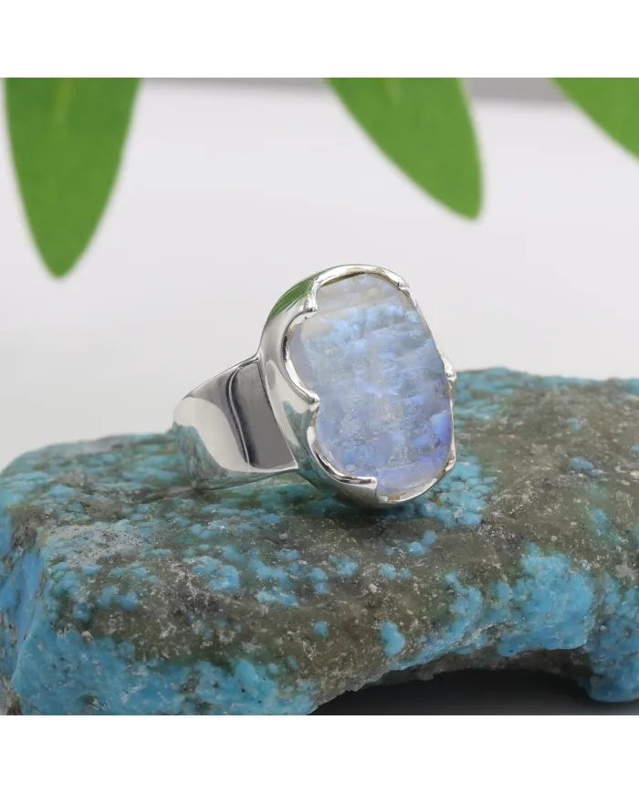 Raw Moonstone Ring in 925 Sterling Silver Handmade Gemstone Jewelry