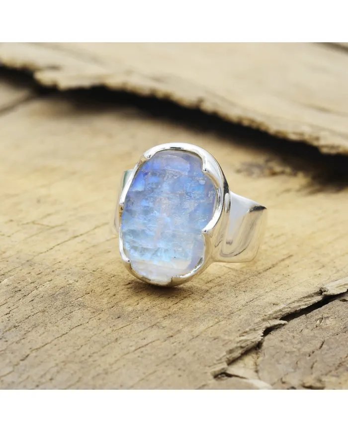 Raw Moonstone Ring in 925 Sterling Silver Handmade Gemstone Jewelry